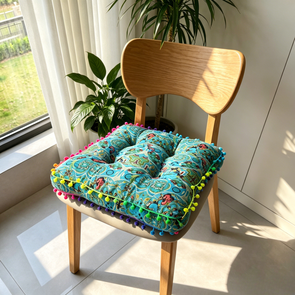 Green Boho Thick With Pom Pom Trim Breathable Fabric Multifunctional Pillow For Sofa Car Seat And Floor Mat