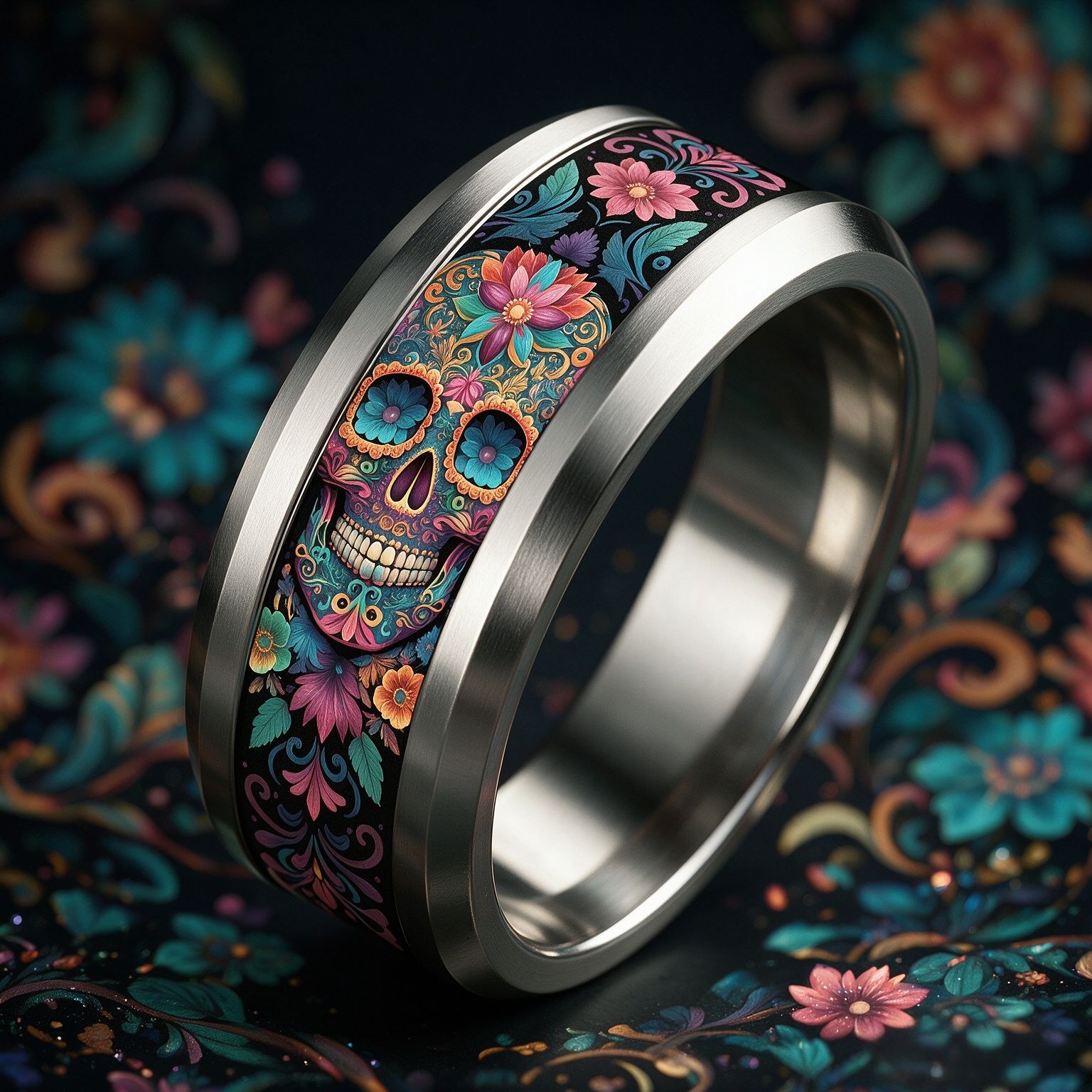 Black Base Multicolor Floral Sugar Skull Print Stainless Steel Ring