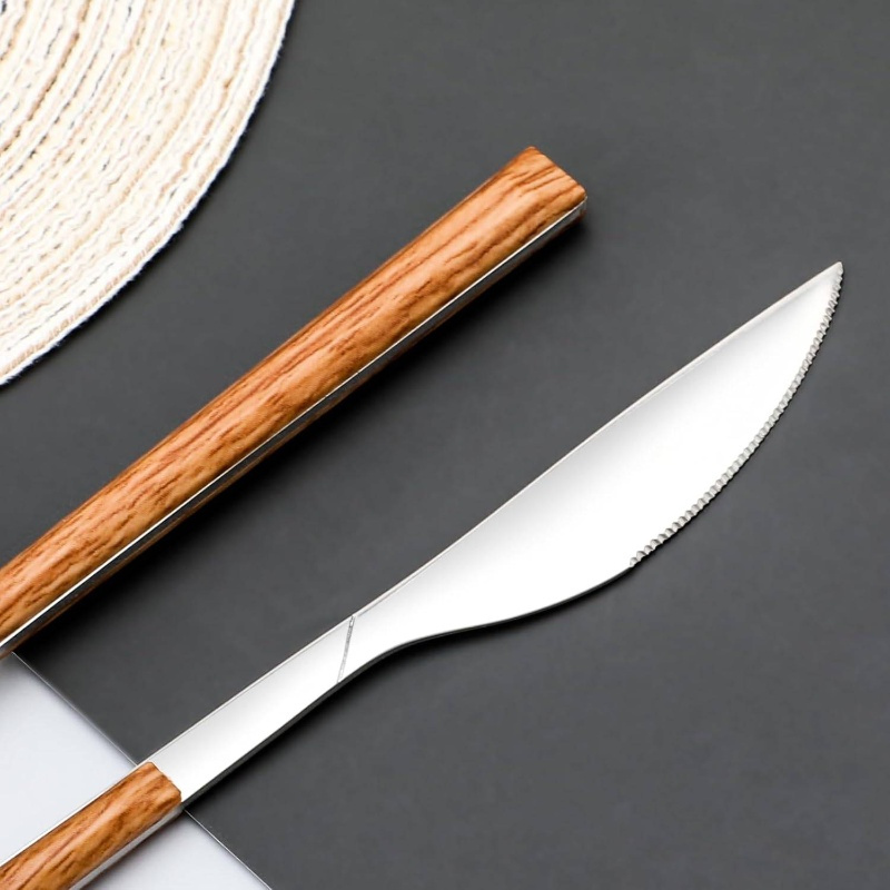 stainless steel flatware set 4 cutlery utensils set with simulated wooden handle   knives forks spoons service 4   polished and dishwasher safe silvery stainless steel cutlery set cutlery set stainless steel cutlery portable cutlery set stainless steel cutlery kitchen utensils home dining stylish utensils     steel rustresistant flatware collection knife   set restaurant supplies home cooks Product details 4