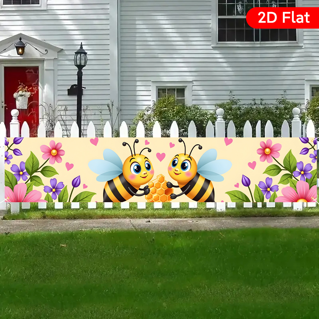 TEMU 2d Flat, 1pc Large Bee Party Banner - Cute Bees With Floral Honeycomb Pastel Yellow Background - Wedding, Birthday, Garden Decoration - Durable