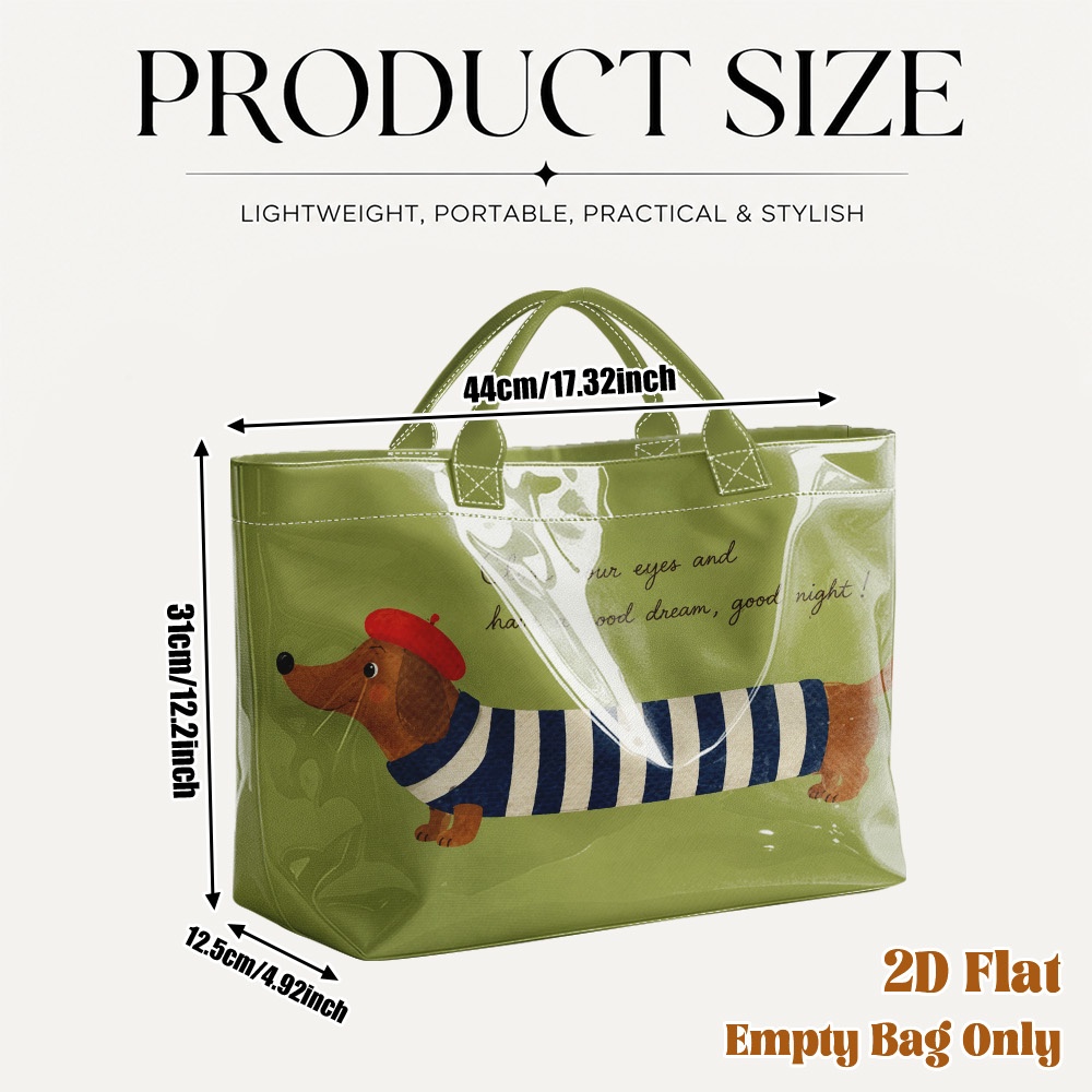 TEMU (2d Flat) 1pc Goodnight Striped Dachshund Women's Pvc Tote Bag, Easy, Durable, Lightweight, Suitable For Street Shopping, Travel, And Storing