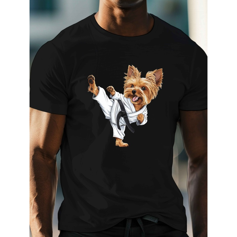 

T-shirt martiaux pour hommes Yorkshire Terrier, T-shirt décontracté à col rond et manches courtes, 100 % polyester tricoté, légèrement extensible, coupe standard, haut léger d'été - Motif géométrique