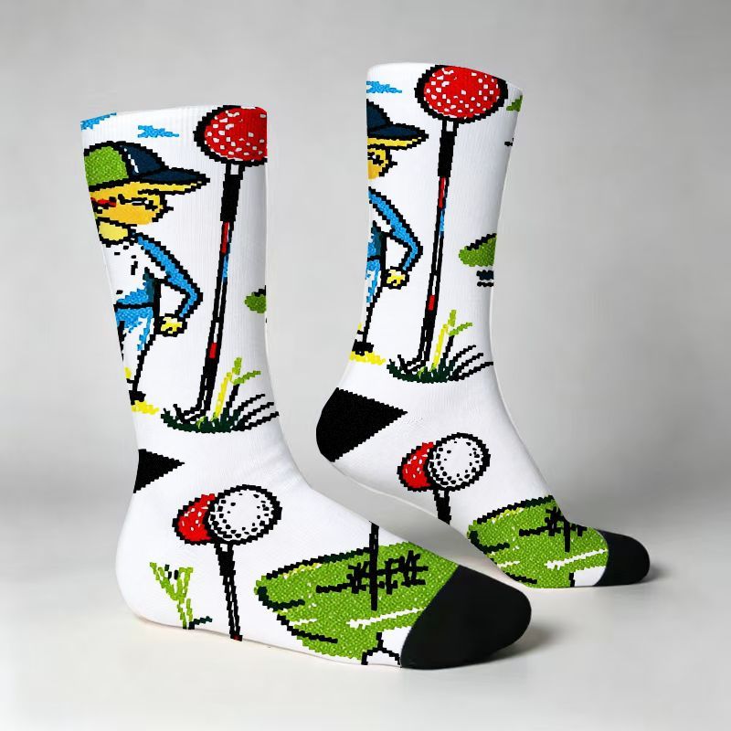TEMU Men's & Women's Golf-themed Crew Socks With Colorful Cartoon Golfers, Hole Print & Polka Dot Flags - Solid Black Toe/heel, Green Suitable For