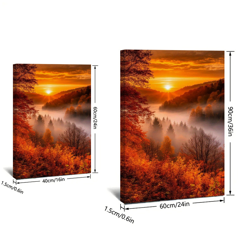 TEMU 2d Flat, Large Autumn Forest Landscape Oil Painting Framed Wall Art - Trees & Suitable For Living Room, Solid Wood Frame Wrapped Canvas, Warm