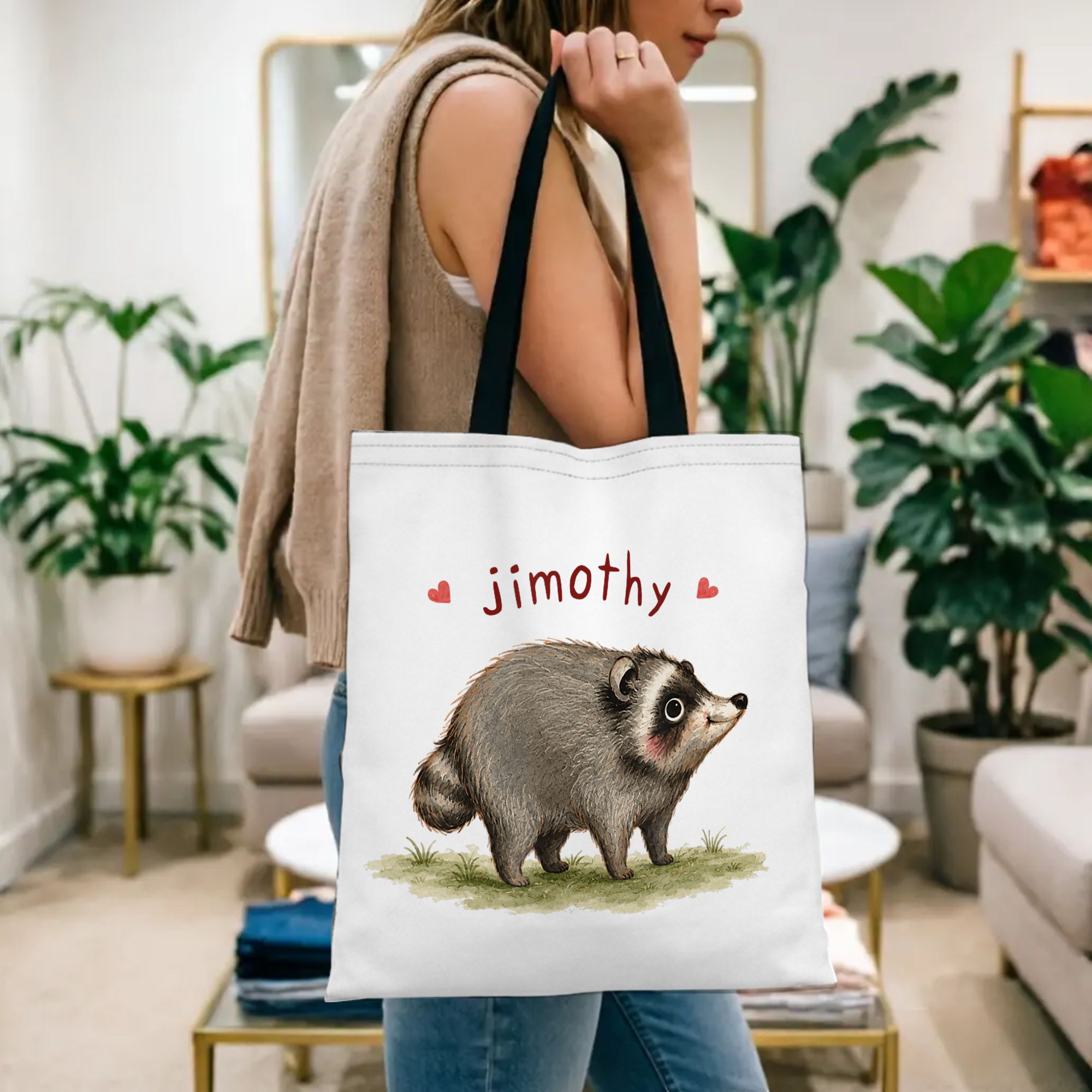 TEMU 1 pièce Sac réutilisable double face Mème Raton Laveur Équipe Jimothy - avec bandoulières fixes, non doublé, fermeture - Sac polyvalent haute