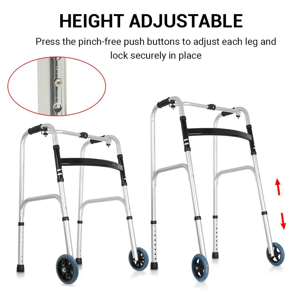 Height Adjustable Walking Frame Aluminium Alloy Medical Aid Walker Wheel Outdoor | Sturdy Frame, Multifunctional Support, No Electricity Needed
