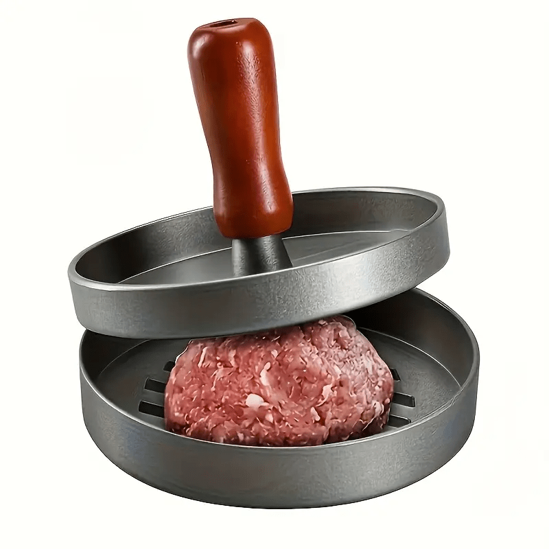 1 set of stainless steel hamburger and patty maker molds with wooden handle