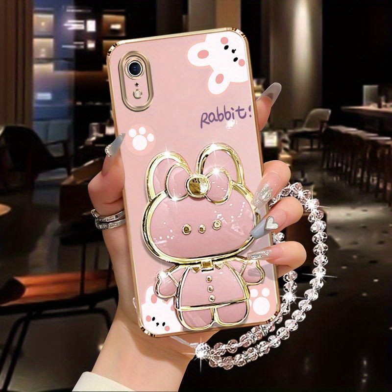 TEMU Phone Case: Diamond Wrist Strap Lanyard Makeup Mirror Rabbit Phone Holder Case On For Iphone Xr Iphonexr Stand Back Cover