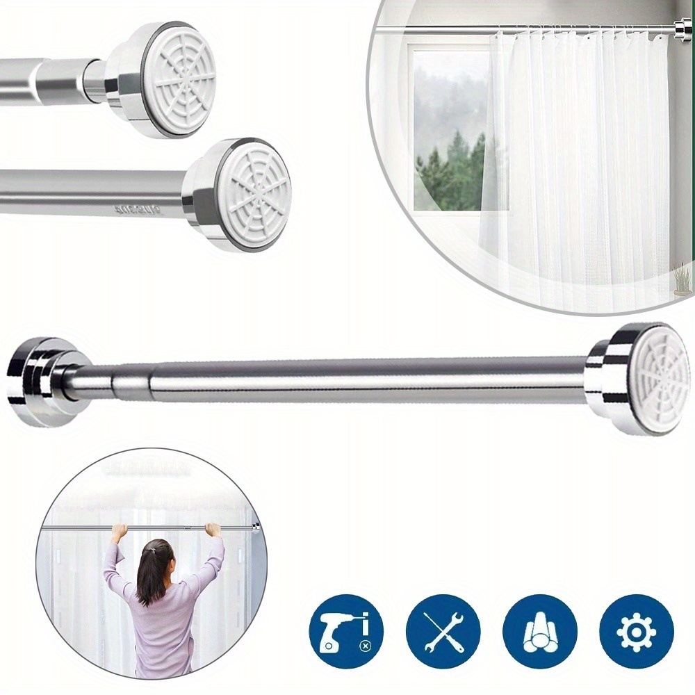 Image of Extendable Curtain Tension Rod 85-140cm, Stainless Steel Adjustable Shower Curtain Pole No Drilling, Telescopic Shower Curtain Rail No Drill For Bathroom Door Closet Net