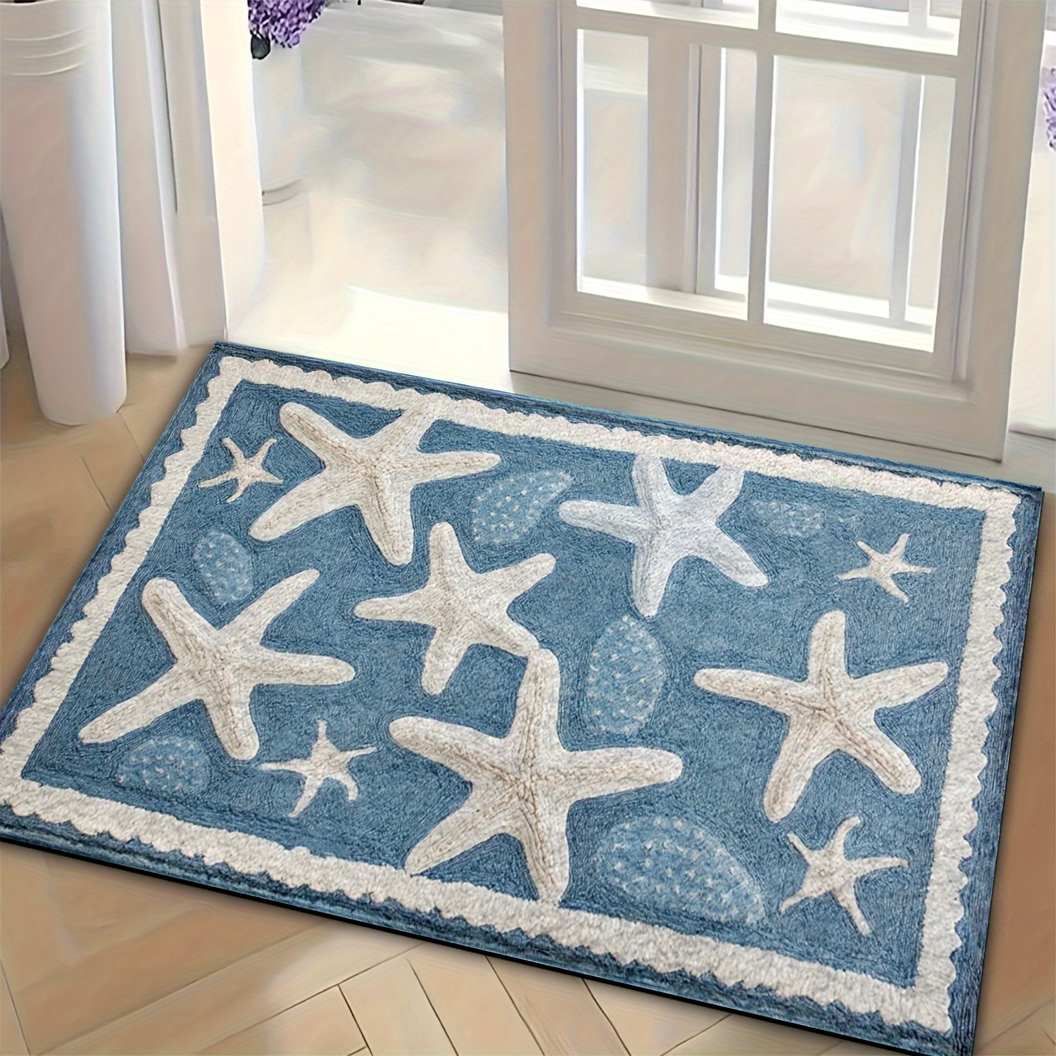 TEMU 1pc Ocean-style Starfish Pattern Bathroom Mat- Fashionable And Fluffy Plush Decoration, Realistic 3d Effect, Washable, For Bathrooms, Doors, Kitchens, Etc., Perfect Bathroom Mat Gift , Decoration