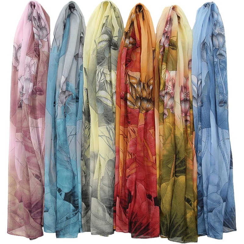 TEMU 6-pack Women's Large Vintage Floral Chiffon Scarves - Lightweight Breathable Multi-use Shawl & Headwrap Suitable For Summer, Parties, Weddings,