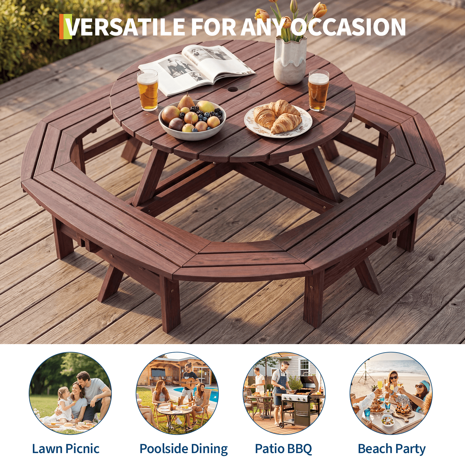 8-Person Round Wooden Picnic Table with Umbrella Hole, Wood Outdoor Dining Set with 4 Built-In Benches for Garden, Patio And Backyard