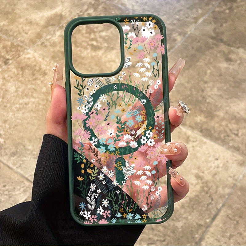 [Magnetic iPhone Case] Magnetic iPhone Case | Breezy Floral Patches Pattern Matte Lightweight Drop Protection Silicone Smartphone Cover for iPhone 16 Pro Max 15 Plus 14 13 12 11 XS Max XR X