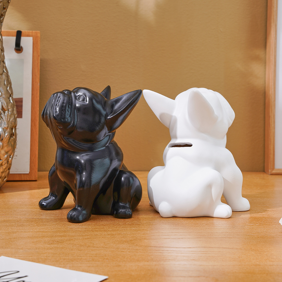 ブルドッグデスク収納トレイスタチューピギーバンク収納動物 ブラック