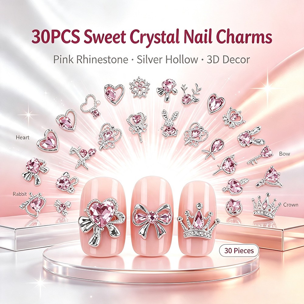 TEMU 30pcs 3d Pink Rhinestone Nail Charms, Silvery Alloy Nail Art Decorations, Mixed Heart Bunny Bow Nail Jewelry For Acrylic Nails