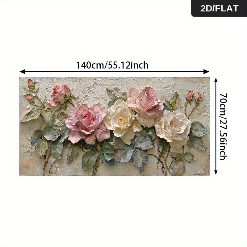 2D ploska, 2D ploska, abstraktna umetnost na platnu z rožami v roza in beli z zelenimi listi, dimenzij 27.56 x 55.12 palcev ali 70 x 140