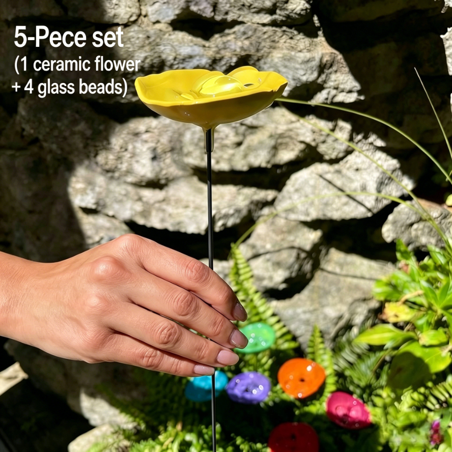 TEMU 5pcs Random Floral Bee Water Feeder Station, Assorted With 1 Ceramic Flower & 4 Glass Beads, Vivid Bright Flower Style Insect Drinking Cup,