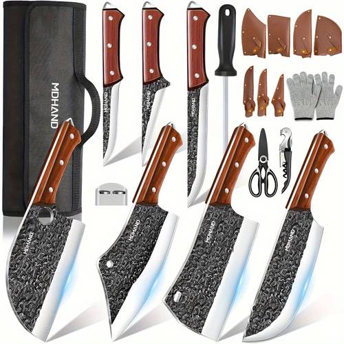 Chef Knife Set with Case, Hand- Butcher Knife Set, Carving Bone, Meat Cutting, Vegetable Chopping, Camping Outdoor BBQ Hunting Tools And Equipment, Holiday Gift