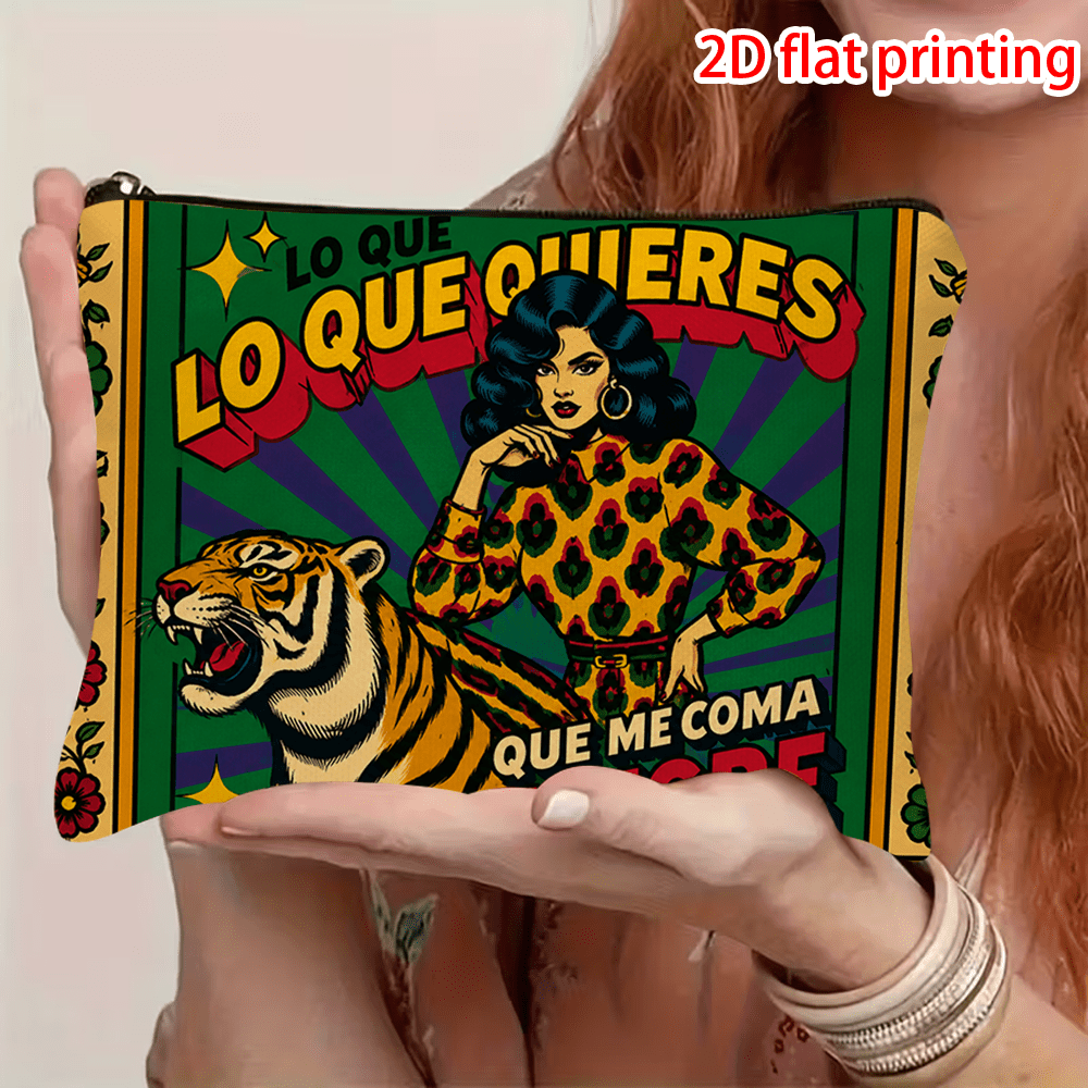TEMU 1 pochette à fermeture éclair 2D à impression plate, , sac à cosmétiques de style latino vintage avec tigre rugissant et femme en robe florale,