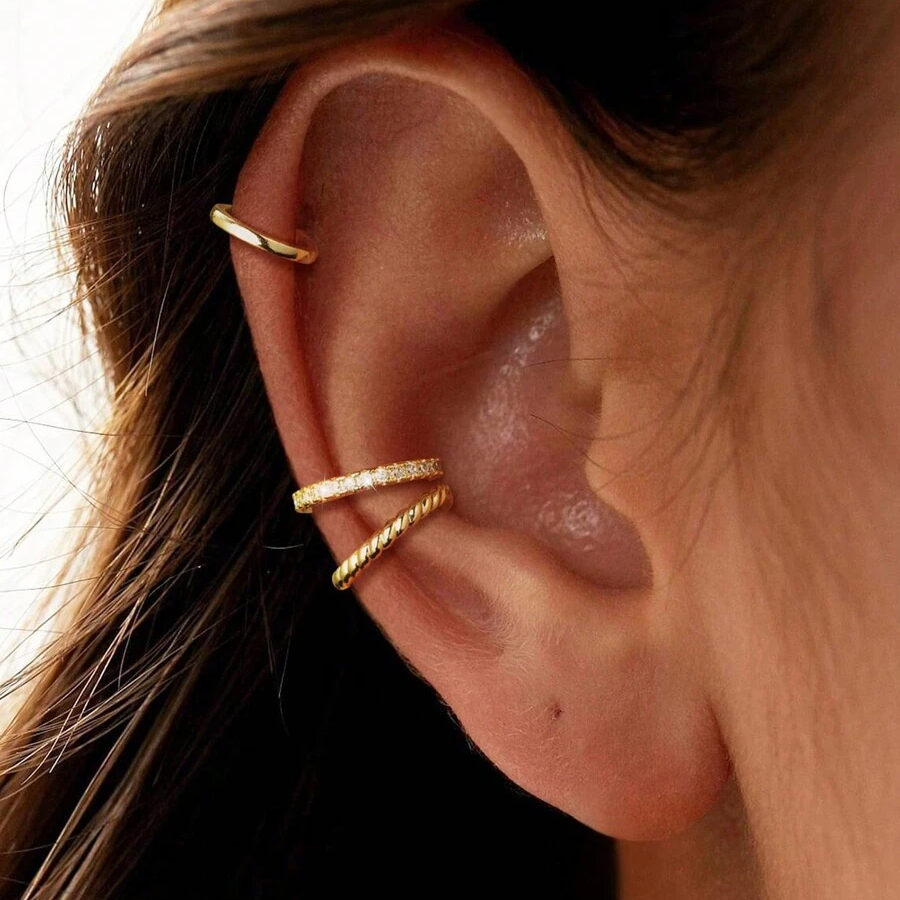 Image of 3pcs Fashionable Minimalist Non-pierced Earrings Set With Copper & Synthetic Zirconia Stone (may Have Color Difference Due To Lighting)