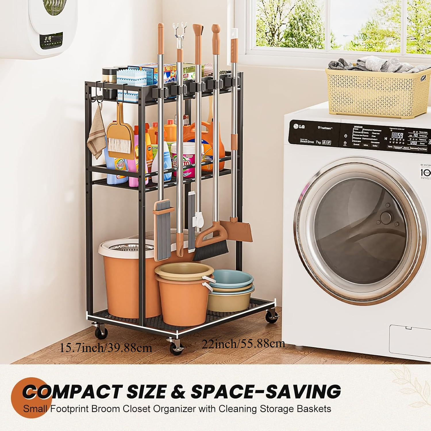 housekeeping cart   with a cleaning caddy designed for organizing laundry rooms featuring a broom holder and a storage cabinet for cleaning supplies complete with hooks for mops