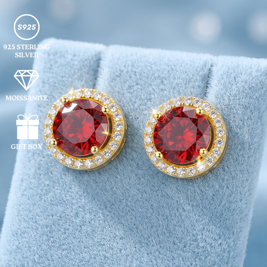Elegant 925 Silver Round-shaped Golden Studs Earrings with Red Zirconia