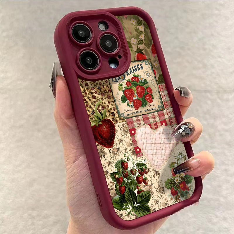 Vintage Strawberry Pattern Phone Case for iPhone 16 Pro Max, 16 Pro, 11 Pro Max, 15, 14 Plus, 13, 12, 16 XS Max, 15 Pro, XR, 15 Pro Max, 14, 13 Pro, 12 Pro Max Featuring TPU Drop Protection Soft Cover - Image 5