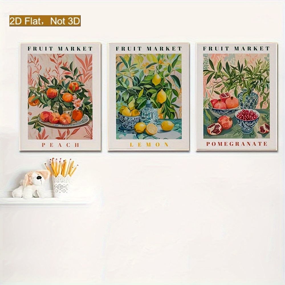 TEMU 2d Flat, 2d Flat, 2d Flat A Set Of 3 Frameless Canvas Artworks Featuring Prints , Fruits, Dates, Lemons, And Peaches, Designed For Wall