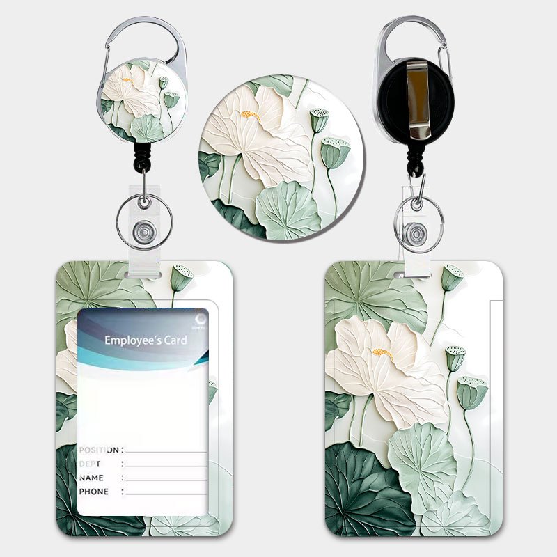 TEMU Porte-cartes d'identité pour femme avec motif de lotus en et de plantes , avec lanière rétractable à languette et porte-clés, porte-cartes en