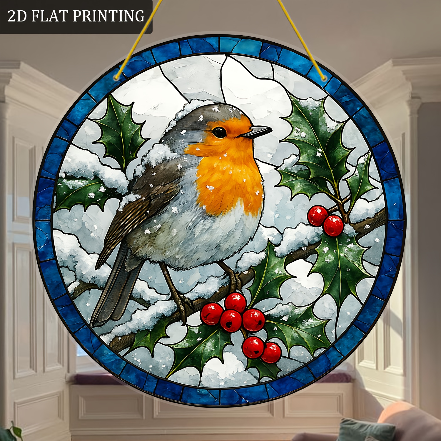 TEMU 2d Flat, 2d Flat Plane, 1pc Winter Robin With Holly And Snowflake Suncatcher, Round Acrylic Window Hanging Ornament, Festive And Green Leaf