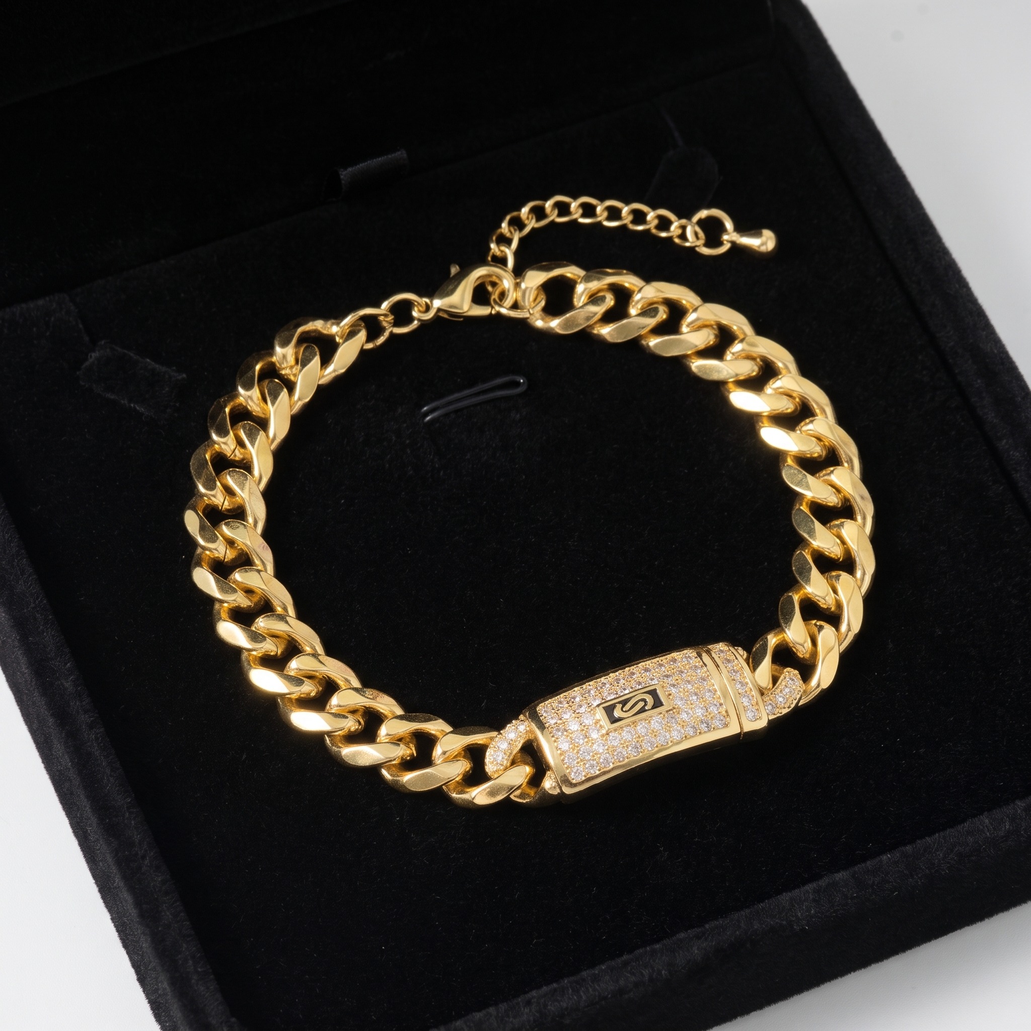TEMU 1pc 18k Golden Plated Cuban Link Bracelet, Chunky Curb Chain With Cz Pavé Id Plate And Adjustable Lobster Clasp