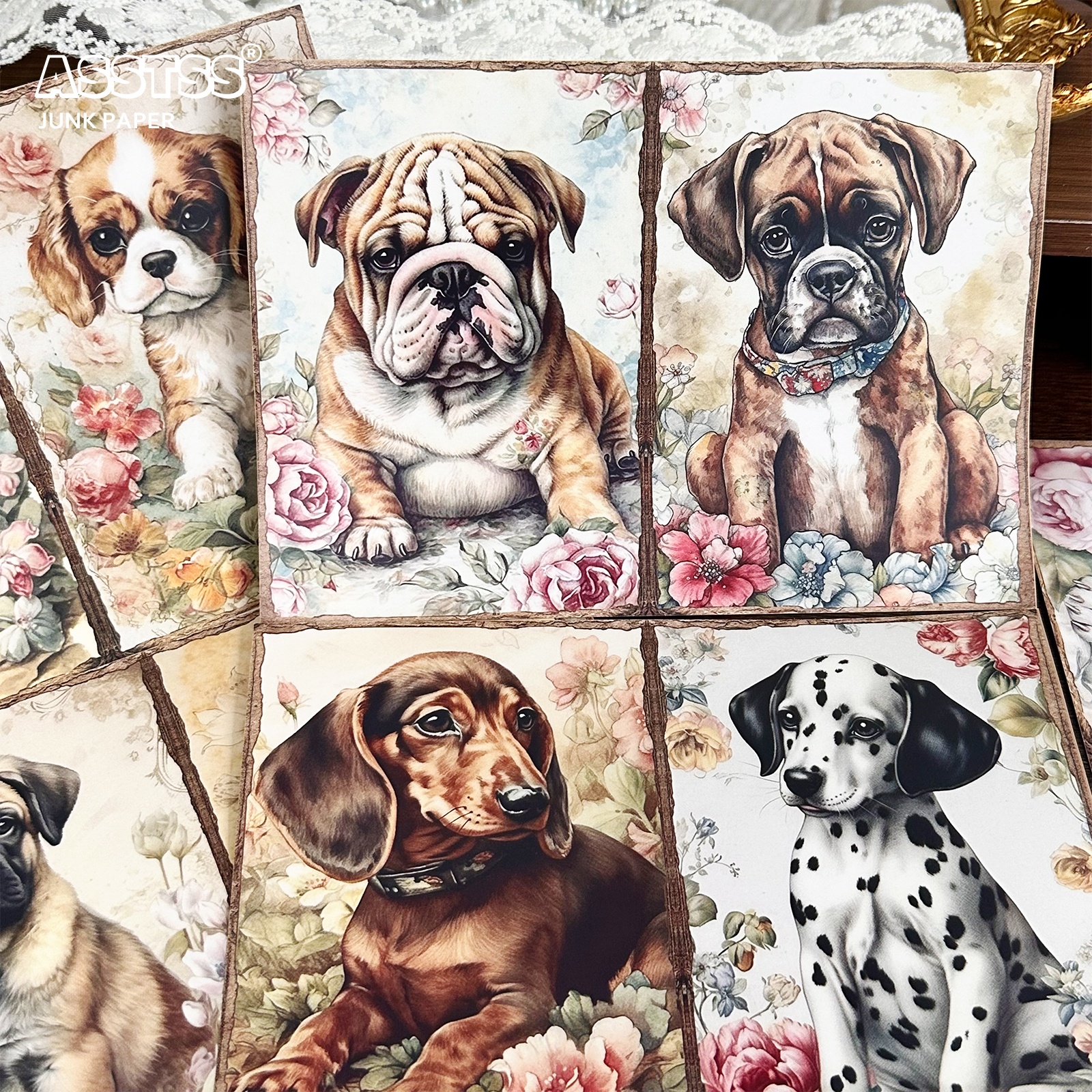 TEMU Asstss 20-sheet A5 [2d Flat] Vintage Dogs And Flowers Diy Junk Journals, Decoration Paper Pads, For Arts Crafts, Scrapbooking Supplies, Diy