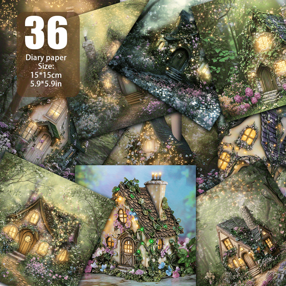 Image of Elf Cottage The Fairytale Wooden House Wrapped In Ivy Is Dotted With Fairy Lights. In The Depths Of The Full Of Soft-colored Wildflowers. It That An Elf With A Flower Basket Will At .