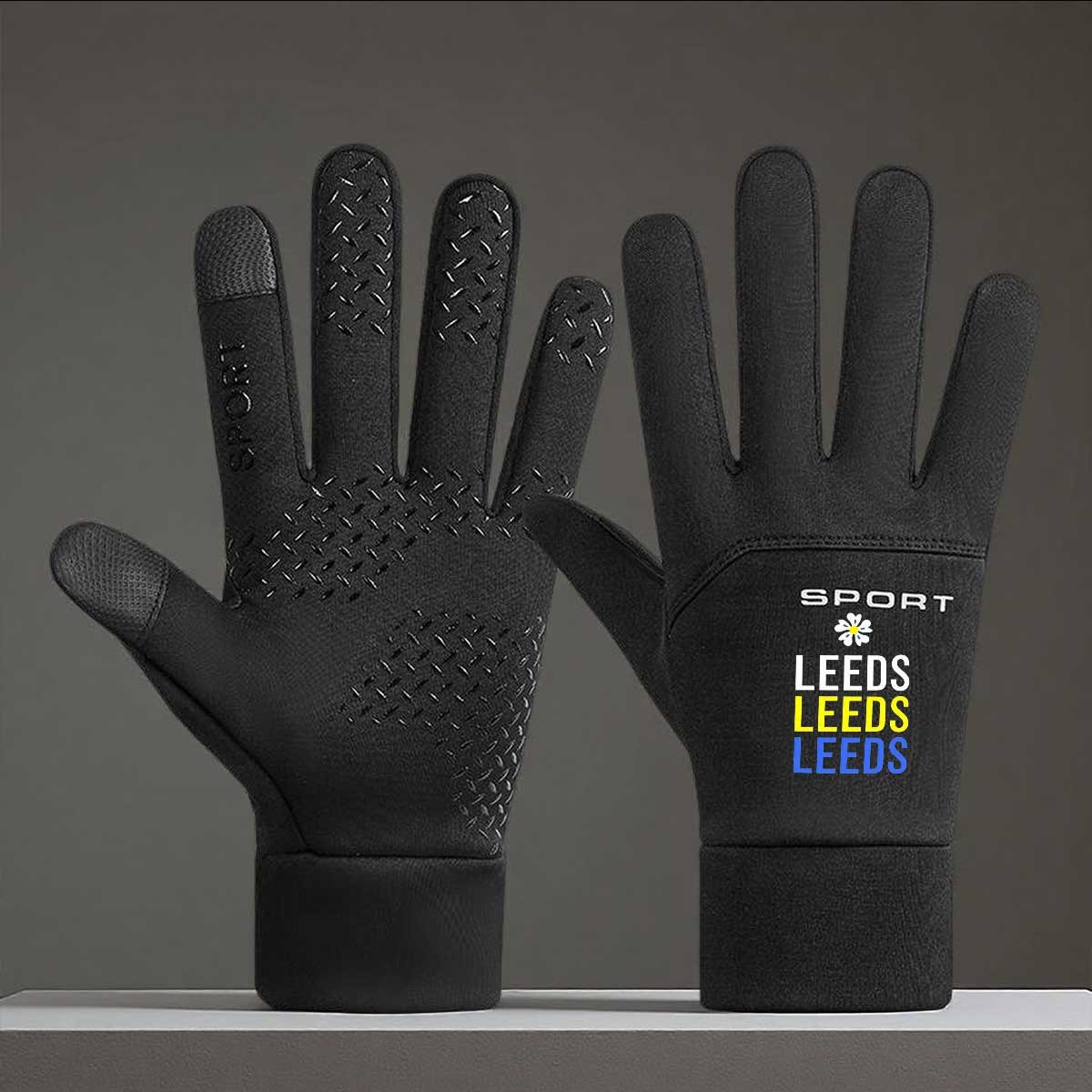 TEMU 1pair Leeds Theme Printed Polyester Gloves- Three-color Leeds Letters Daisy Patternsuitable For Daily Wearlightweight Comfortable- Unisex Casual