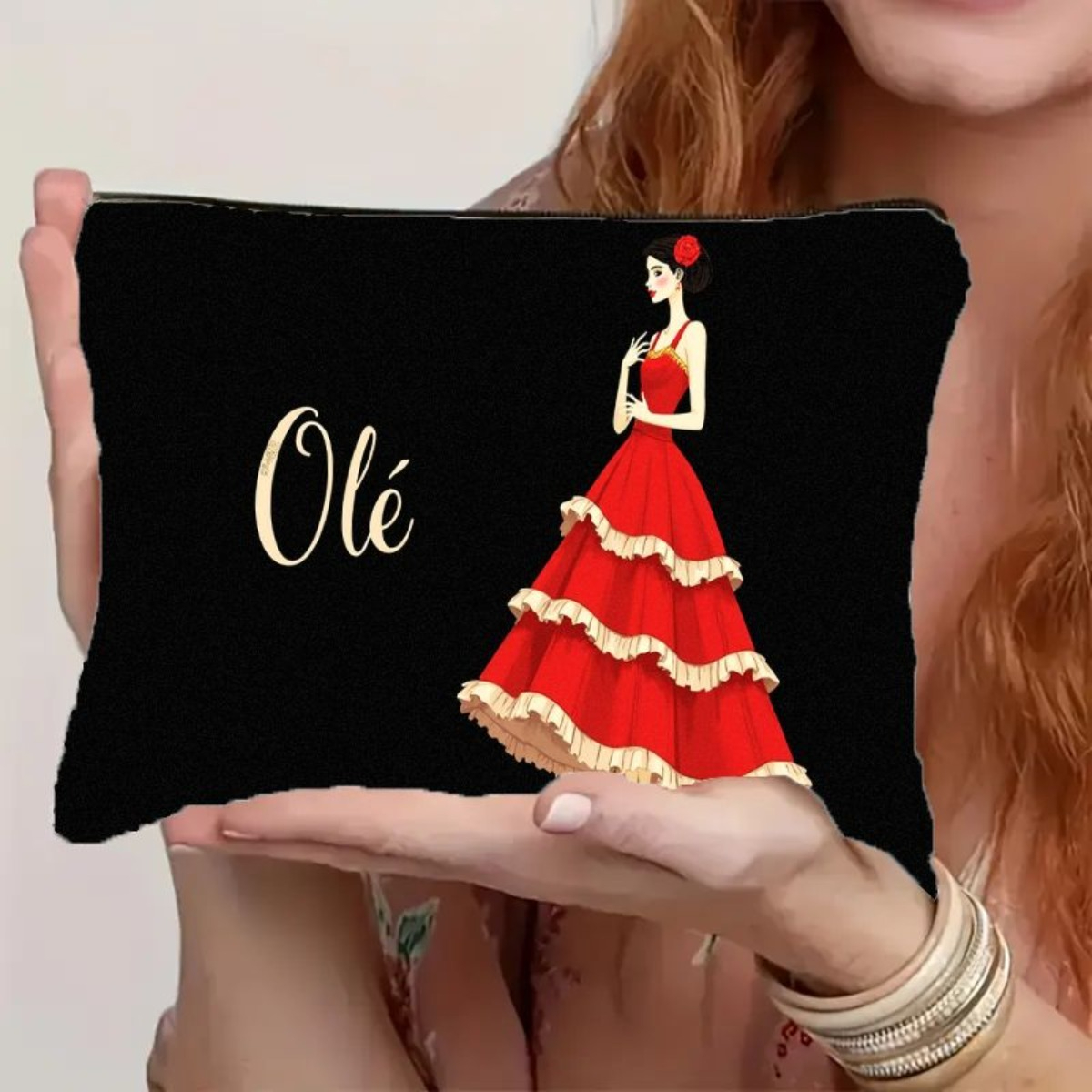 TEMU 1 pieza Neceser de maquillaje 2D con estampado de bailaora de flamenco elegante y cierre de cremallera - Una bolsa de almacenamiento de