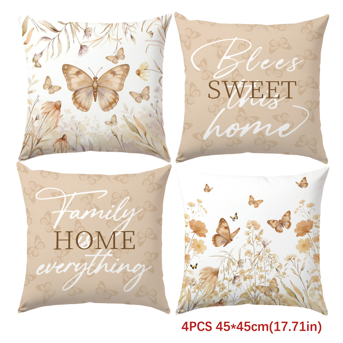 E-shop 4er Set, Einseitig Bedruckte Kissenbezüge, Hellbeige Schmetterling Aquarellmuster Kissenbezüge, 17,7 x 17,7 Zoll, Dekorative Kissenbezüge für