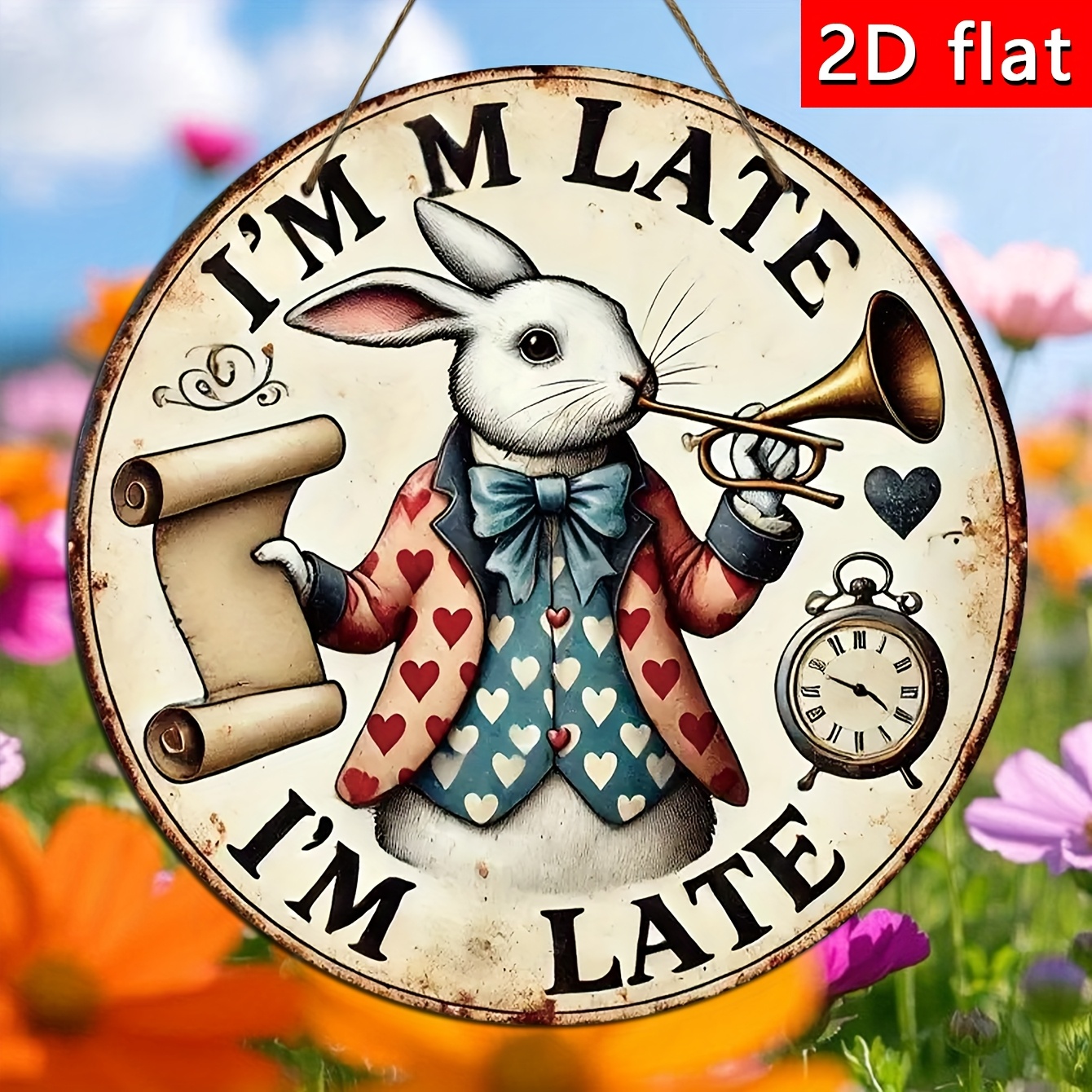 TEMU 2d Flat, A Vintage Wooden "i'm Late" White Rabbit Wall Sign- Whimsical Vintage Wall Decoration, The Bedroom, Study, , 2d Holiday Wreath Design,