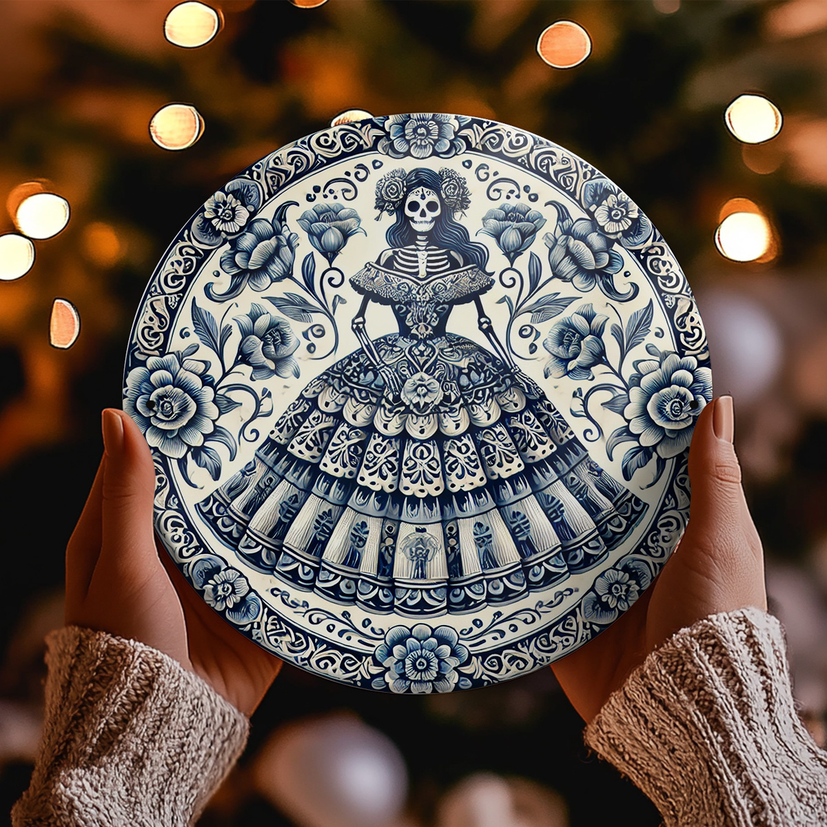 

1pc Talavera-inspired Aluminum Foil Round Wall Art, 20x20cm, Lady With Traditional Patterned Dress, Floral & , 2d Art For Home, Office, Bedroom, Bathroom, Restaurant Decor - Ideal Gift