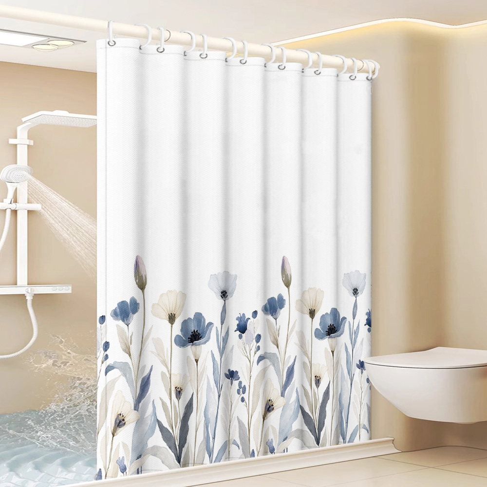 TEMU 1pc Of Blue And White Watercolor Floral Country-style Printed Shower Curtain, Featuring A Minimalist For Home Bathroom Decor, Includes Plastic