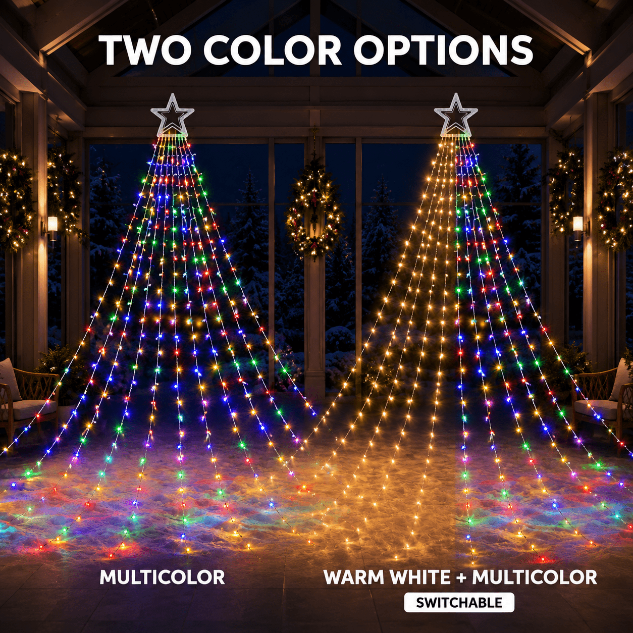 TEMU 11.5ft Tall 350 Led Waterfall Christmas Tree Lights With Star Topper, 9-strand Plug-in Outdoor Lights For Halloween & Christmas Yard Decor,