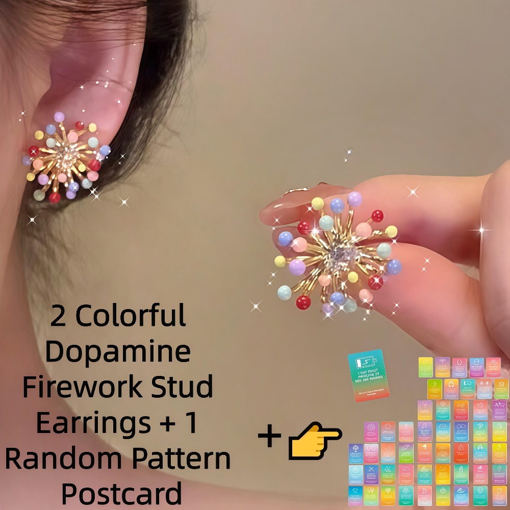 TEMU 3pcs Set (2 Pcs Of Colorful Dopamine Firework Stud Earrings + 1 Random Pattern Postcard). Colorful Dopamine Firework Stud Earrings - Elegant And