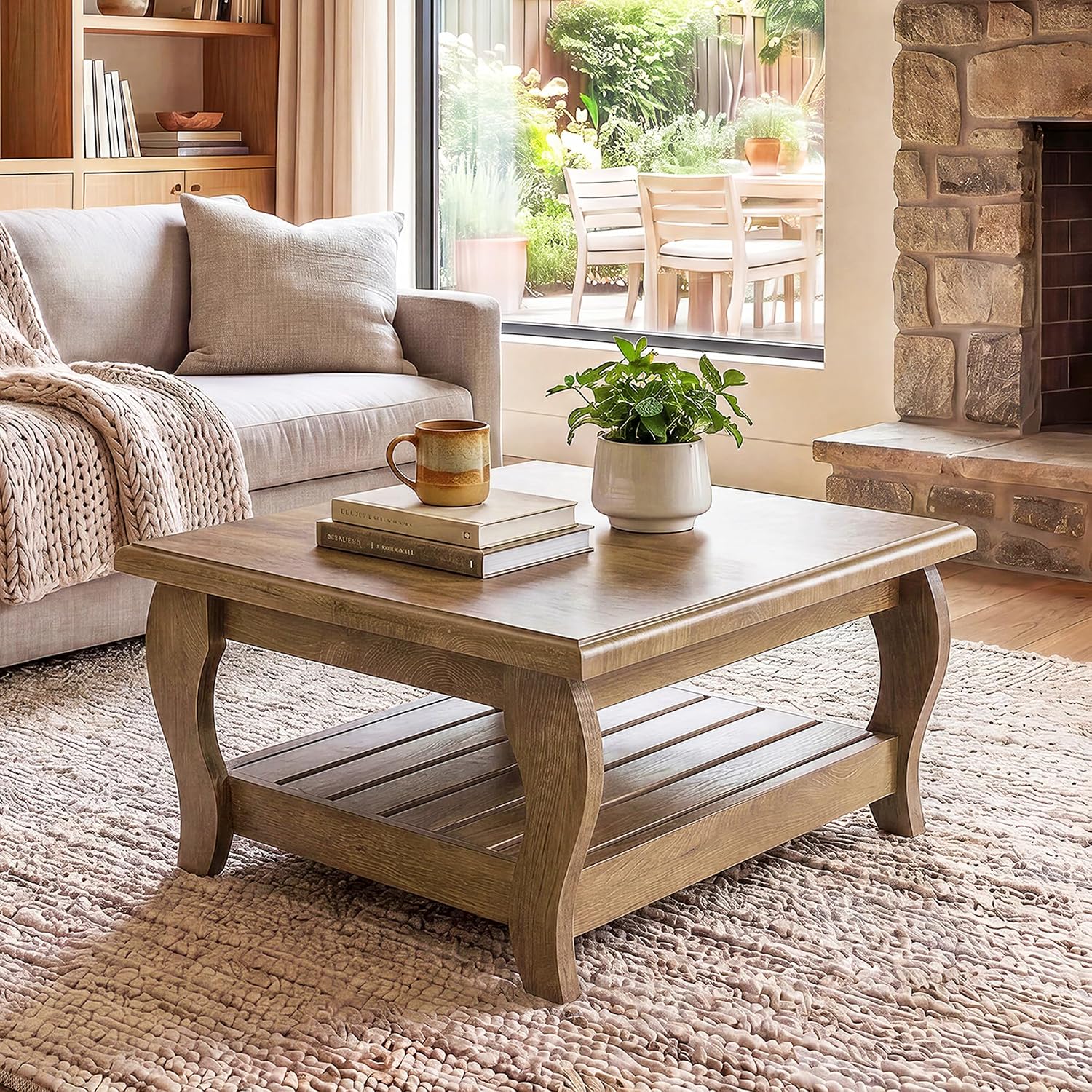 Image of Table 80cm, 2-tier, Farmhouse Style, Brown | 2-level Rustic Coffee Table, 80x80x45cm, With Lower Shelf, Ideal For Living Rooms & Apartments