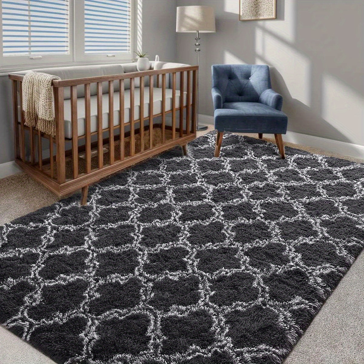 TEMU 1pc Shag Area Rug 5.25x7.55 Feet 160x230 Cm Rugs For Living Room, High Pile Indoor Carpet For Bedroom Home Decor, Geometric, Grey Black
