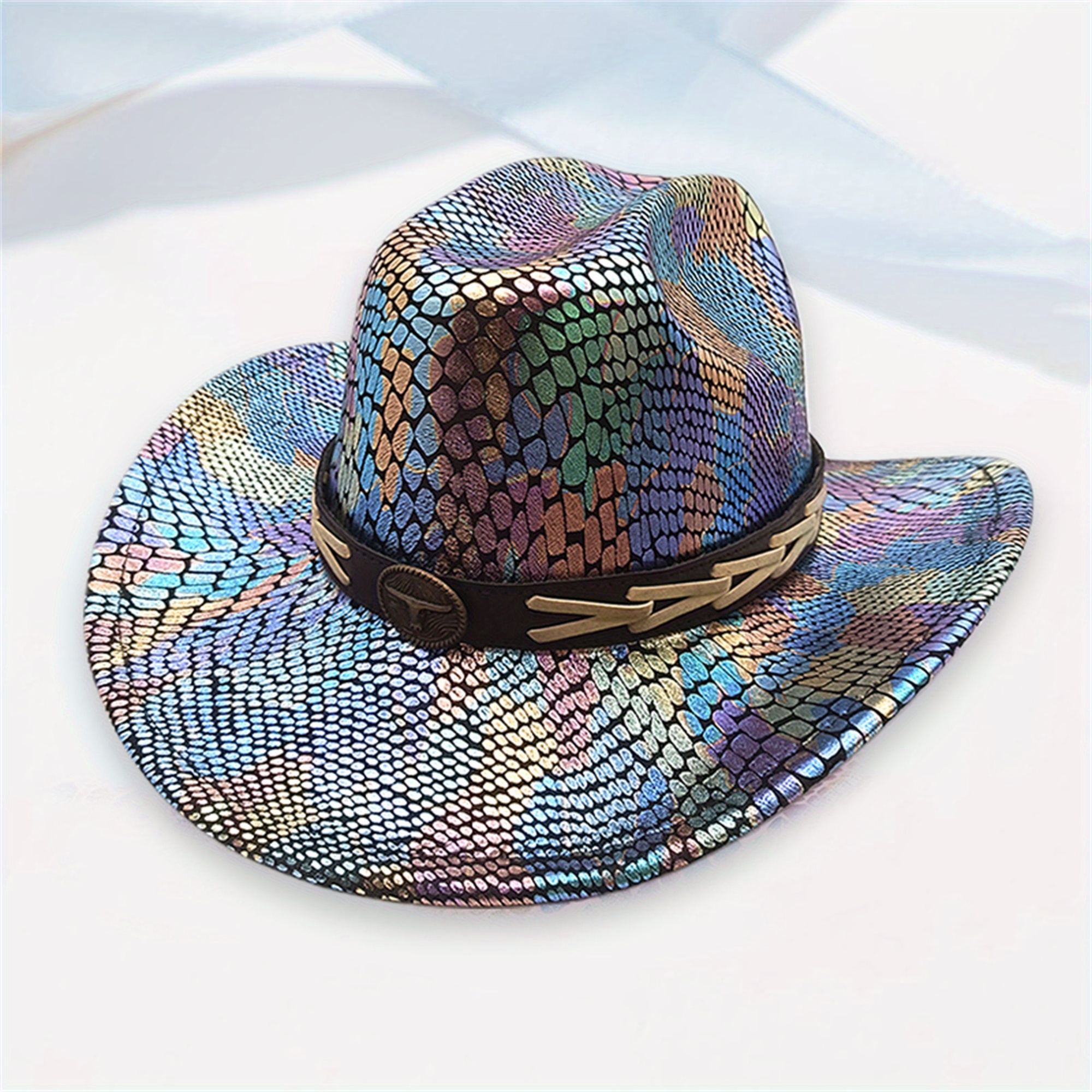women wide brim cowgirl hats bull wide belt metallic jazz - Temu display picture 1