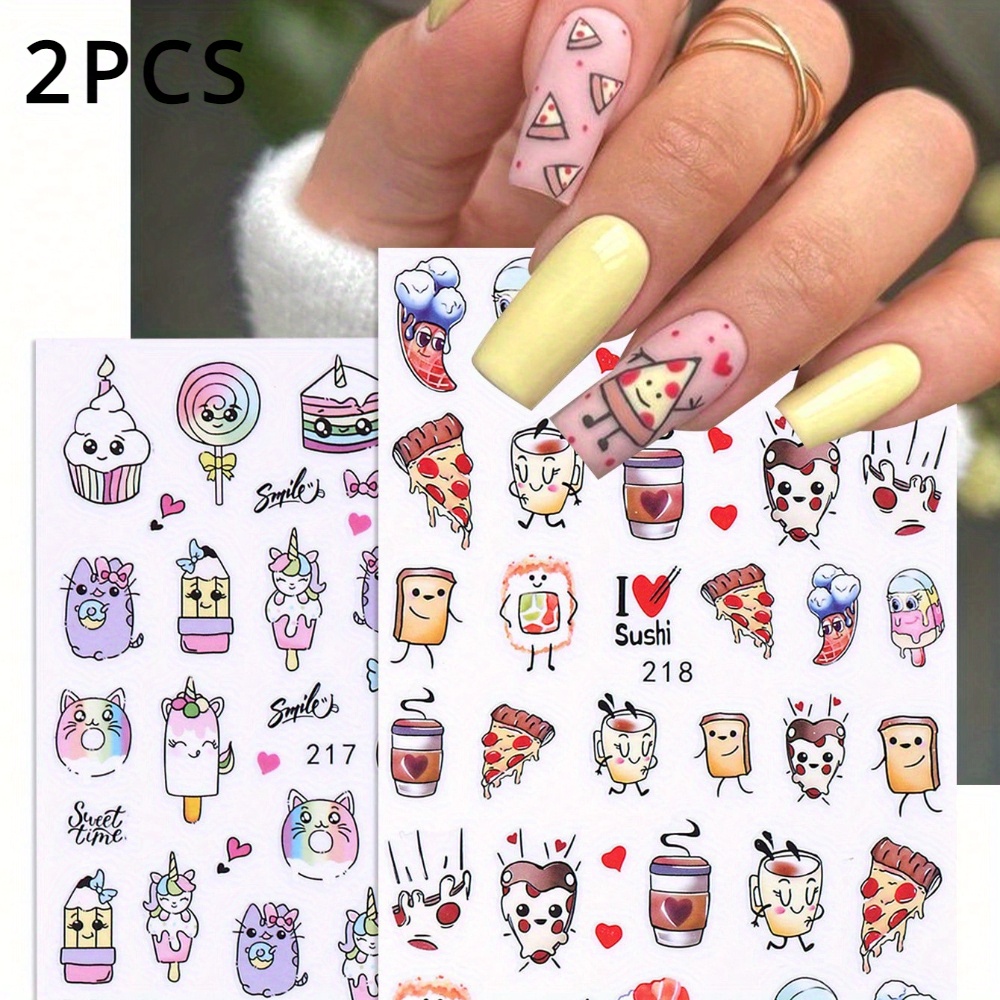 2pcs Cartoon Nail Art Stickers Red Cute Ice Cream Cake Lollipop Sausage Water Cup Pizza 3d Self-adhesive Nail Art Decals Nail Decoration Nails