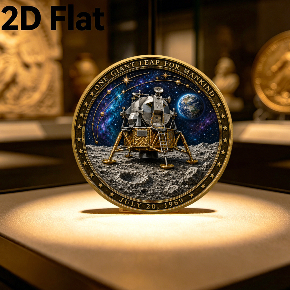 TEMU 1pc, Lunar Module And Footprint Commemorative Coin, Double-sided Space Exploration Collectible Coin, Landing Theme Token, Protection Amulet,