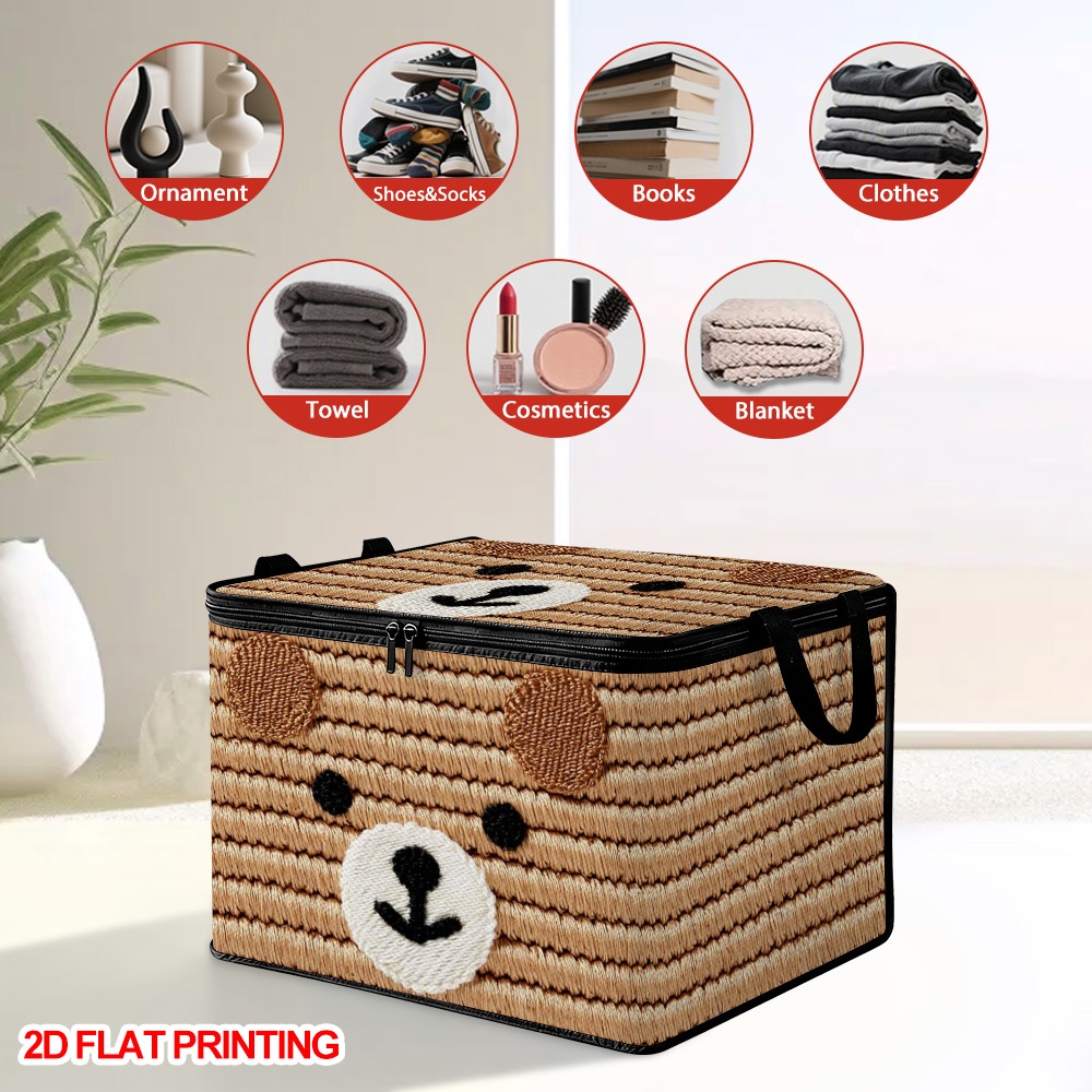 Cute Brown Bear Face Storage Box with Zippered Lid