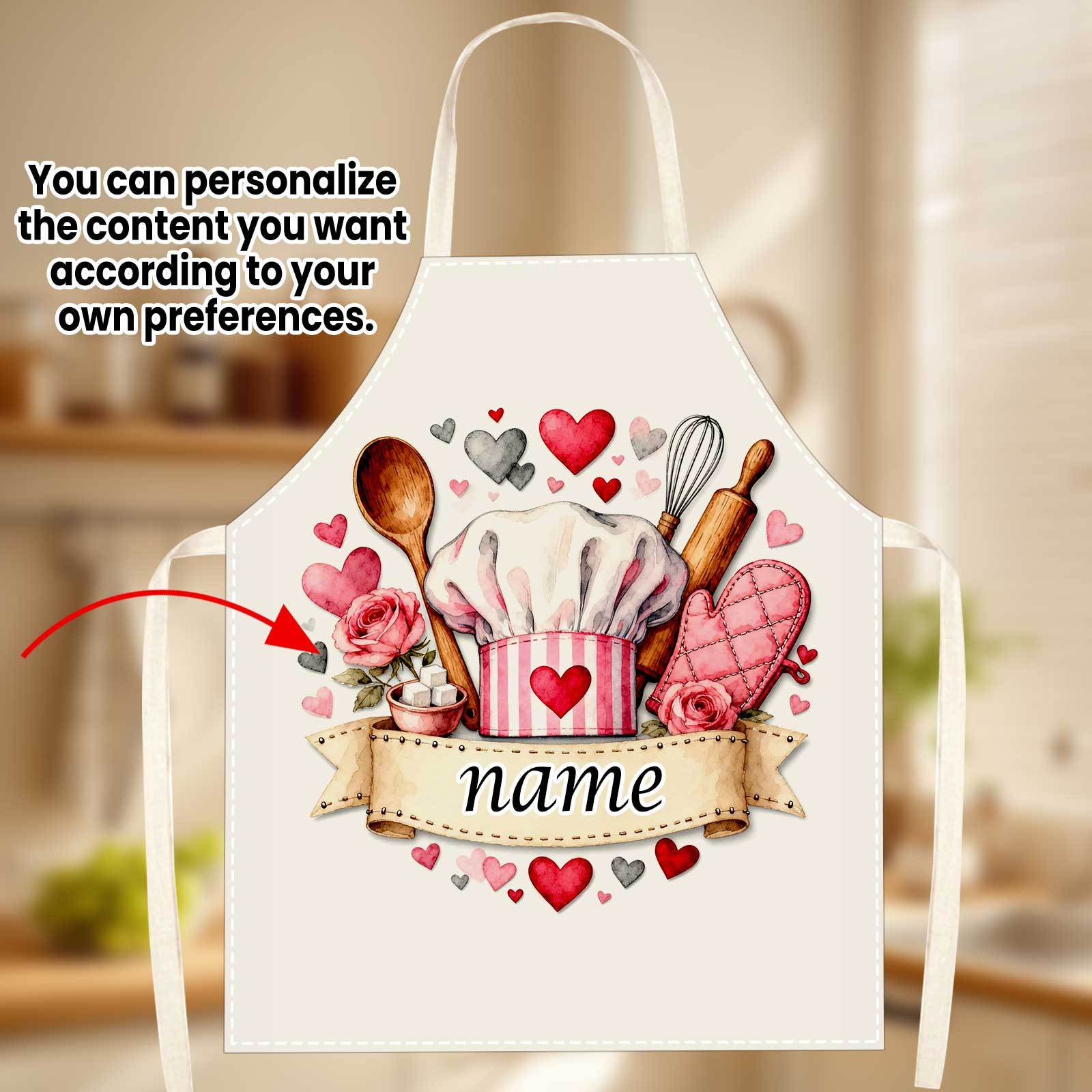 TEMU 1pc Personalized Chef Apron Custom Name/text & Chef Print With Pink Kitchen Utensils & Hearts - Suitable For Baking, Cooking Gifts, Apron For