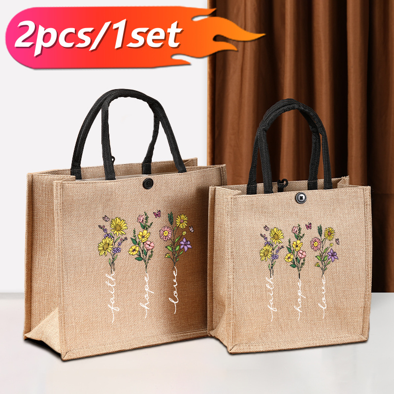 TEMU 2pcs High Quality Men's Handbags Canvas Tote Bags Flowers 2 Reusable Grocery High Capacity Shopping Bag Large Capacity Gift Bag Women's Casual