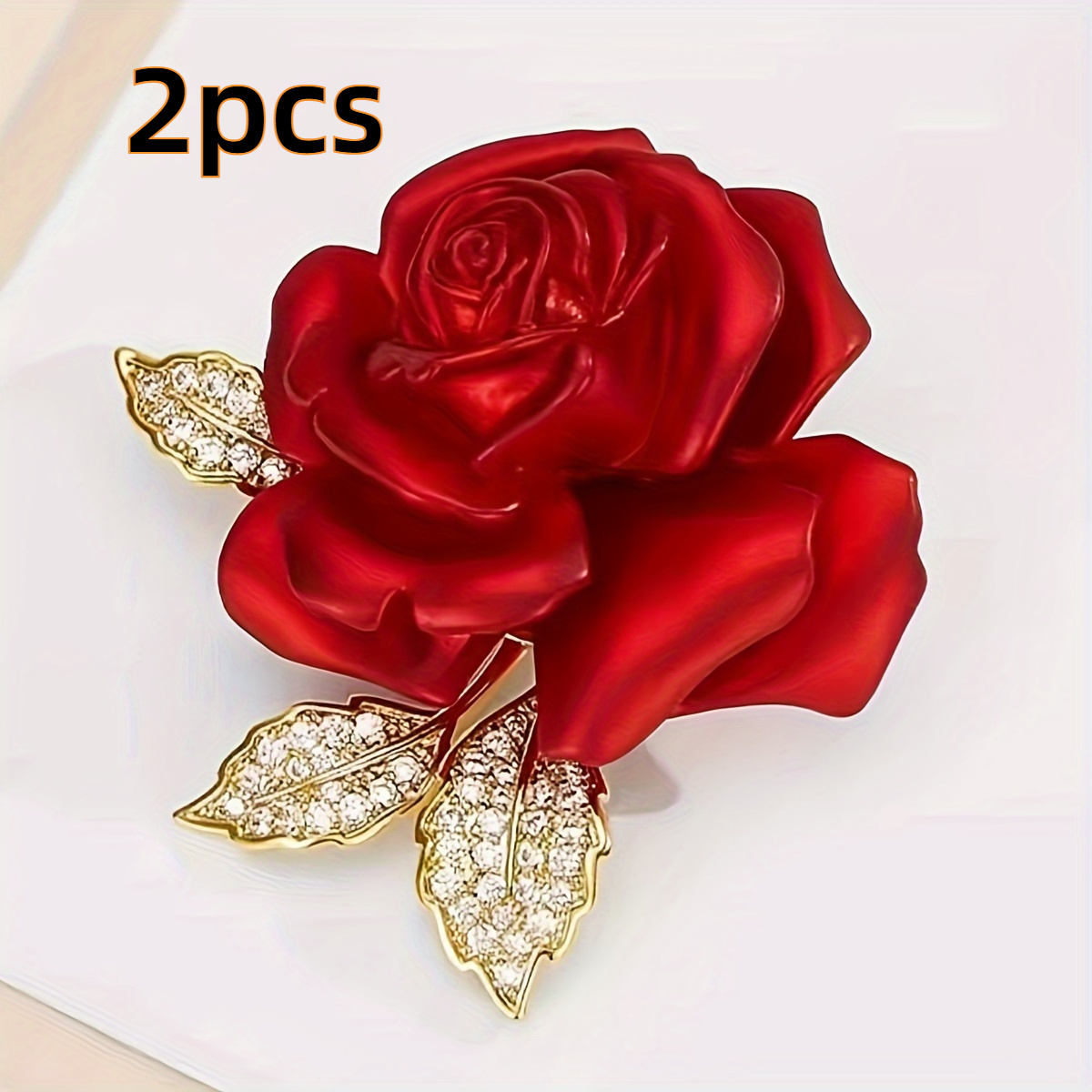 TEMU 2pcs Elegant Red Rose Brooches With Crystal Accents - Romantic Alloy Flower Collar Pins For Bridal Accessories, Luxurious Fashion Jewelry,